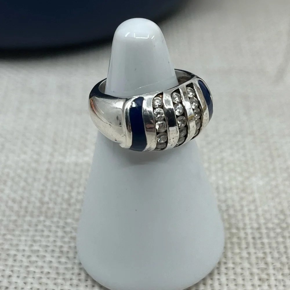 Vintage Sterling Silver Wide Band Ring with Enamel & CZ Accents Size 4.75